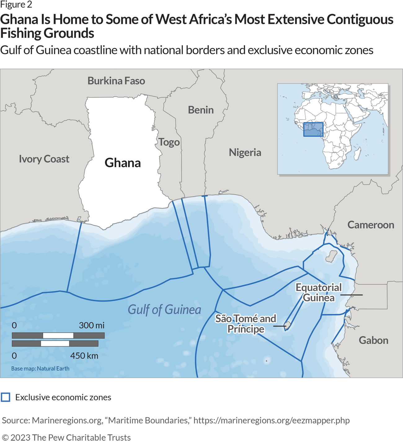 Map depicting the West African countries surrounding the Gulf of Guinea and their exclusive economic zones. Ghana is shown in white while Ivory Coast, Burkina Faso, Togo, Benin, Nigeria, Cameroon, Gabon, Equatorial Guinea, and São Tomé and Príncipe are beige. The exclusive economic zones are highlighted by dark blue lines that contrast with the light blues in the ocean.