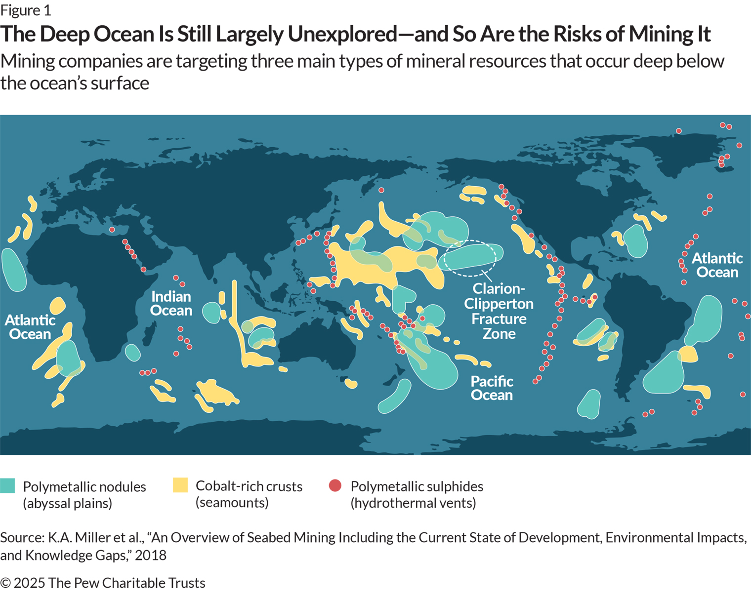 An animated map providing an overview of where three types of mineral deposits – polymetallic nodules, cobalt-rich crusts, and polymetallic sulphides/vents – can be found in the global ocean, with large concentrations of each primarily found in the western and central Pacific.